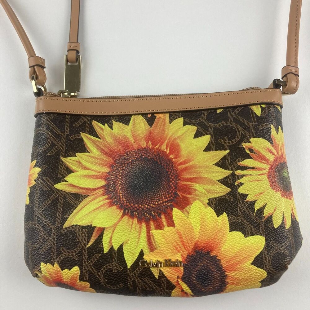 Calvin Klein Crossbody Bag Brown CK Monogram Sunflower Floral Purse Tan